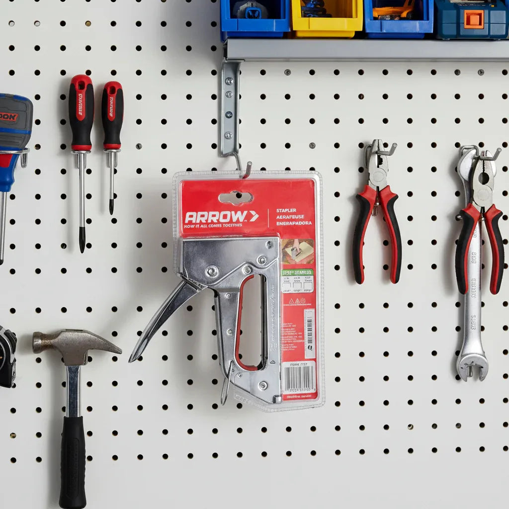 Arrow JT21 Stapler displayed on organized pegboard garage wall with home maintenance tools