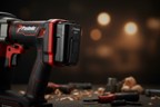 Paslode 7.4V Li-Ion battery installed in cordless nailer close-up showing Paslode logo and trigger - More4less Outlet
