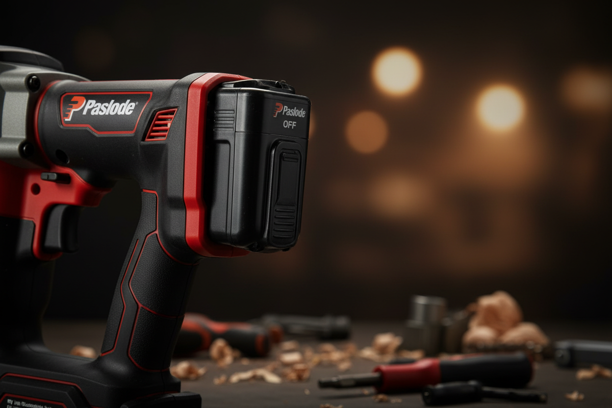 Paslode 7.4V Li-Ion battery installed in cordless nailer close-up showing Paslode logo and trigger - More4less Outlet