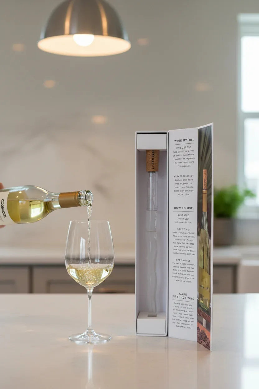 White wine being poured from bottle with Corkcicle Air aerator spout into wine glass, frost visible on chiller device