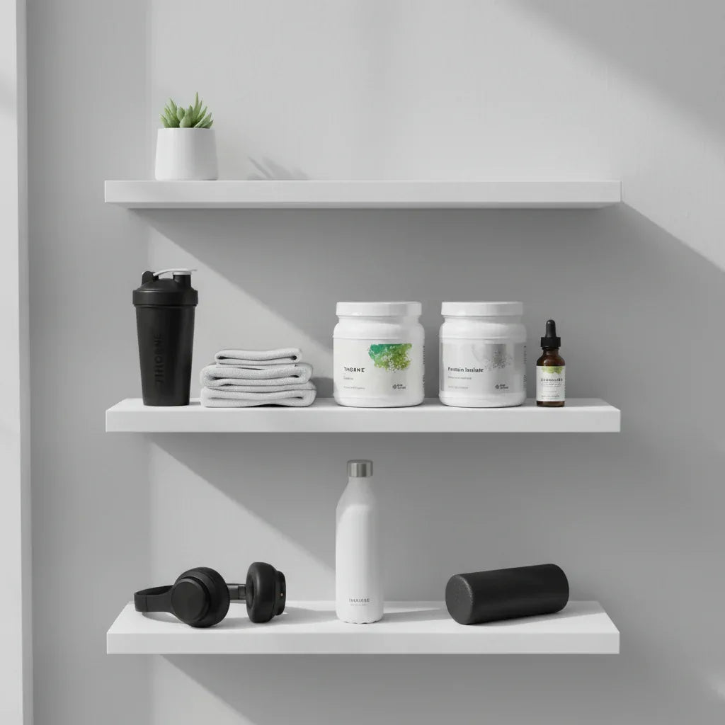 Thorne Creatine Monohydrate tub on clean athletic lifestyle shelf with premium supplements and shaker bottle.