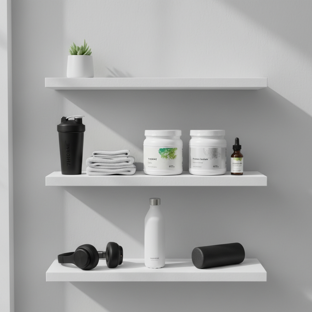 Thorne Creatine Monohydrate tub on clean athletic lifestyle shelf with premium supplements and shaker bottle.