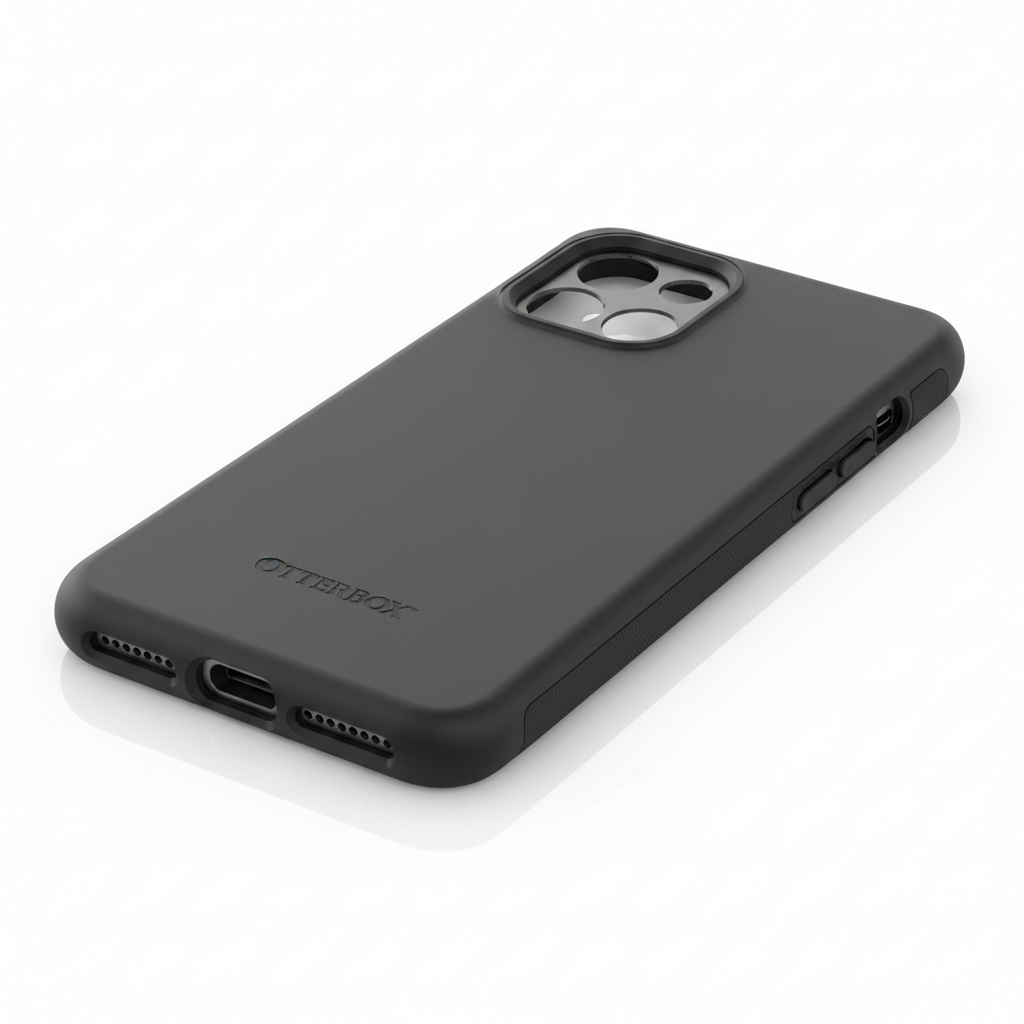 OtterBox Symmetry Series black case on white background showing camera cutout and port openings