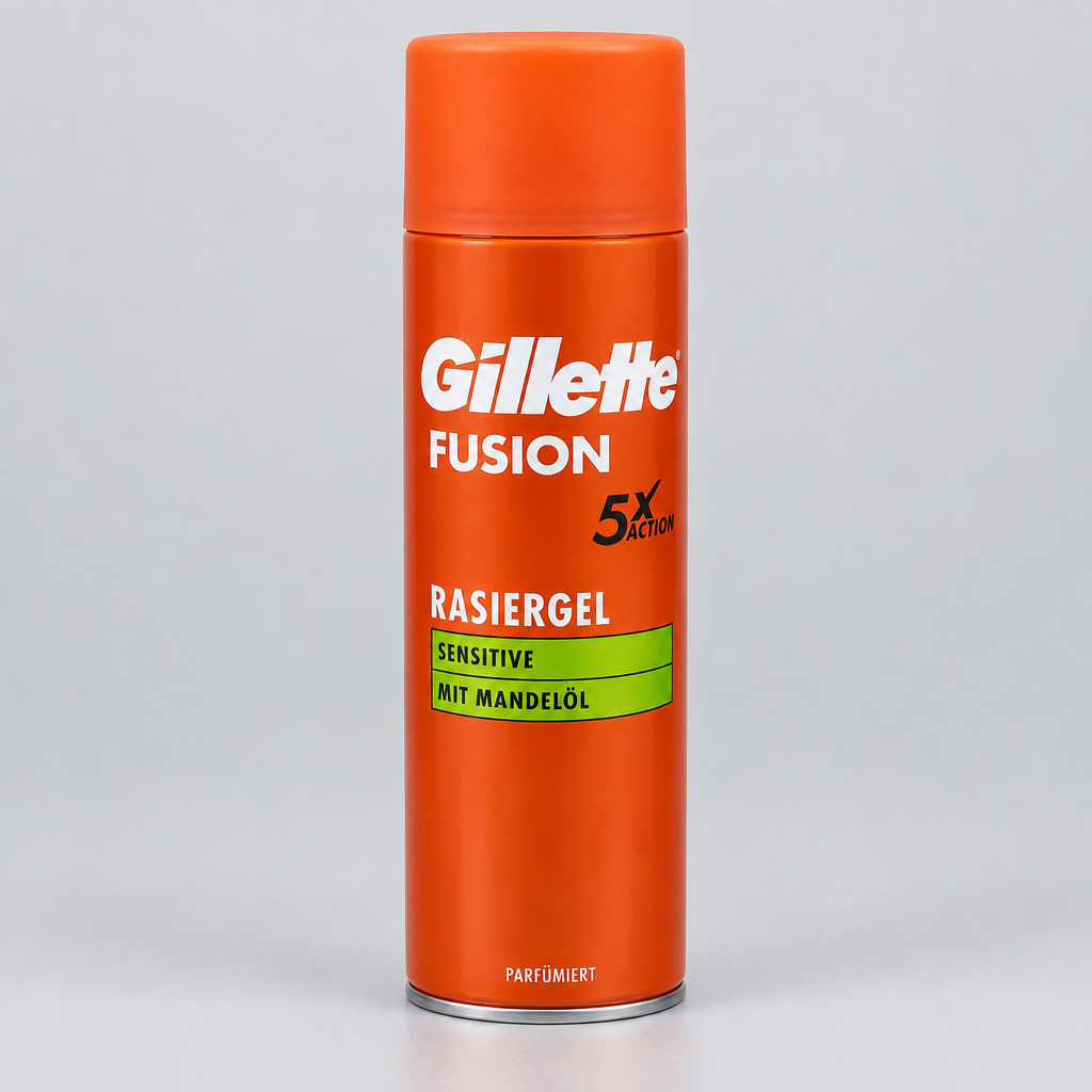 Gillette Fusion Sensitive almond oil shave gel can on a pale studio background