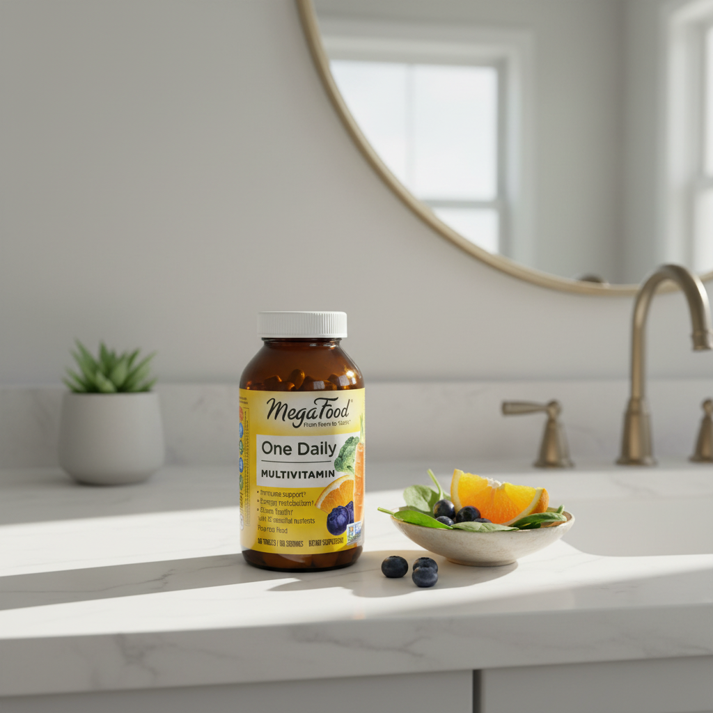 MegaFood One Daily multivitamin bottle on white quartz vanity in soft morning light – More4less Outlet