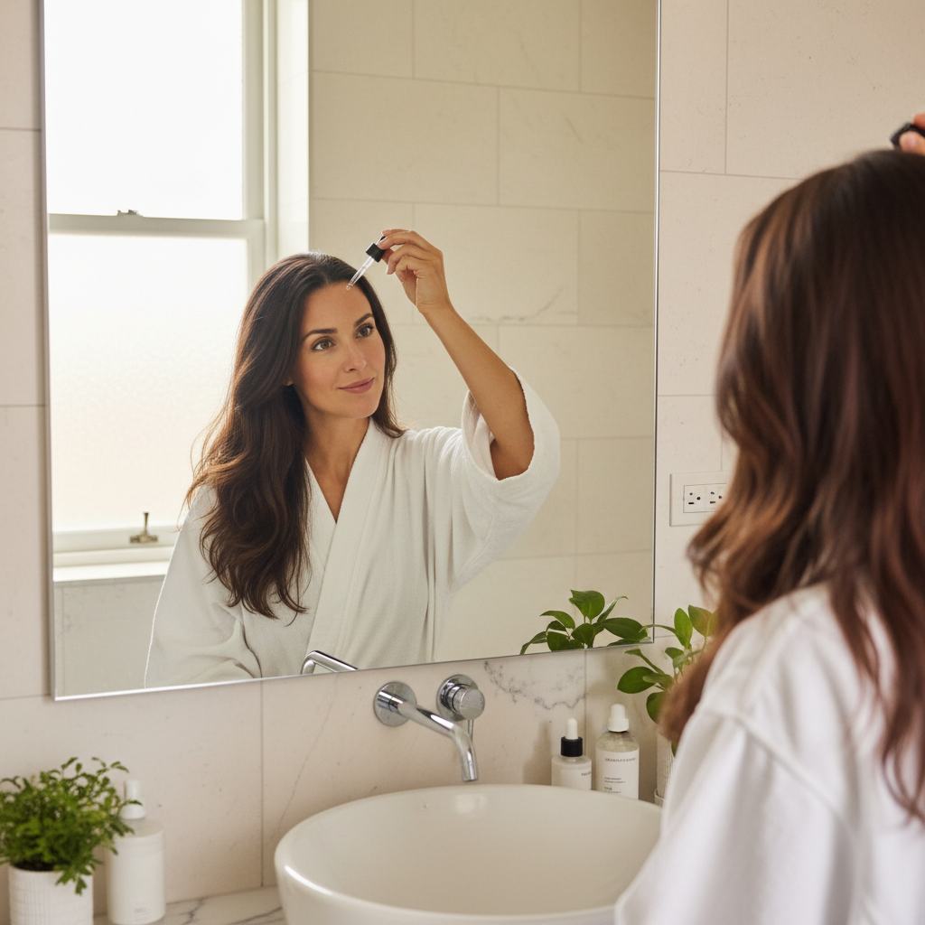 Woman applying hair treatment to scalp in bathroom mirror, confident woman with healthy hair in bright modern bathroom