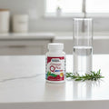 Doctors' Preferred Omega Q Plus bottle on white quartz kitchen island with clear water carafe and fresh rosemary sprigs