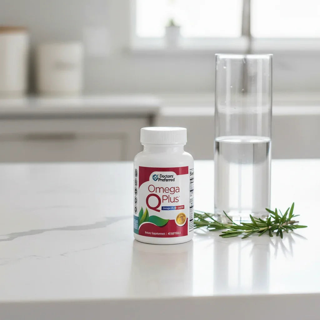 Doctors' Preferred Omega Q Plus bottle on white quartz kitchen island with clear water carafe and fresh rosemary sprigs