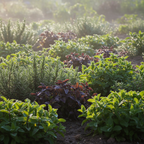 Lush vibrant herb garden with rows of fresh rosemary mint and basil plants in soft morning sunlight with dew drops on leaves