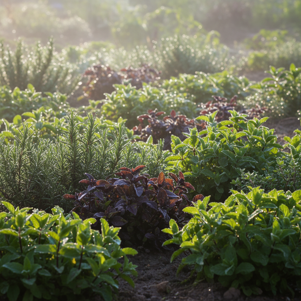 Lush vibrant herb garden with rows of fresh rosemary mint and basil plants in soft morning sunlight with dew drops on leaves
