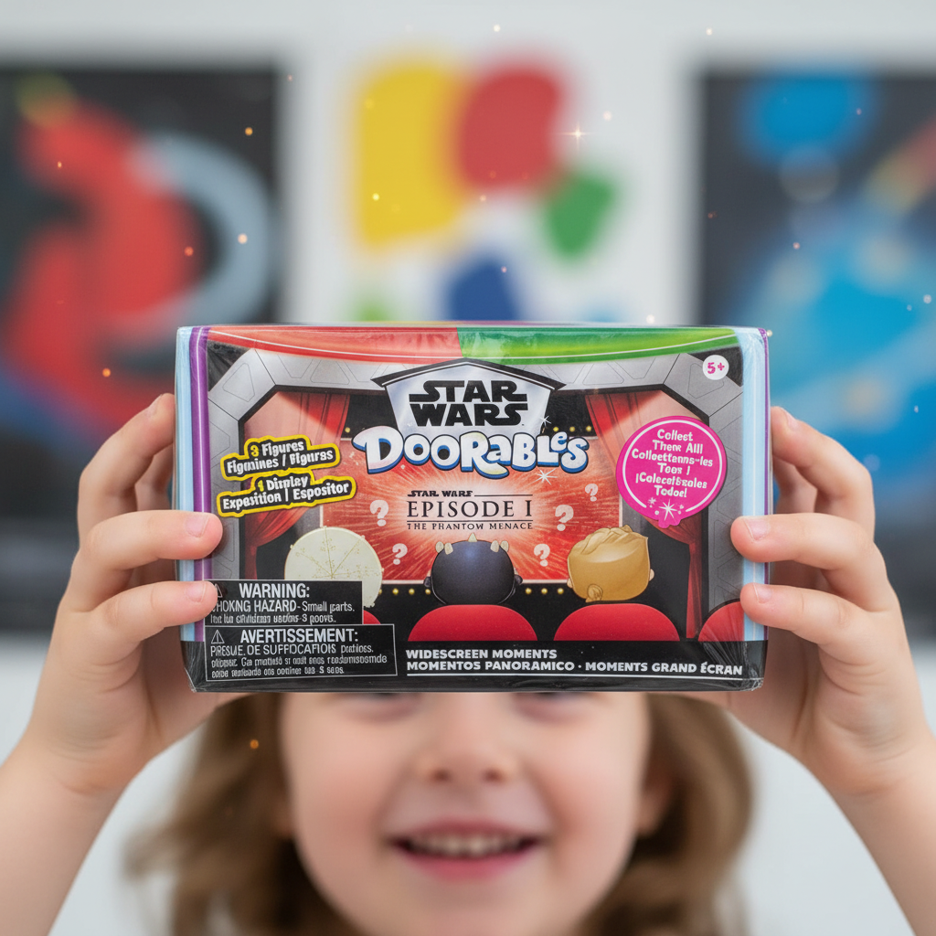 Child holding Star Wars Doorables Phantom Menace Widescreen Moments blind-box set