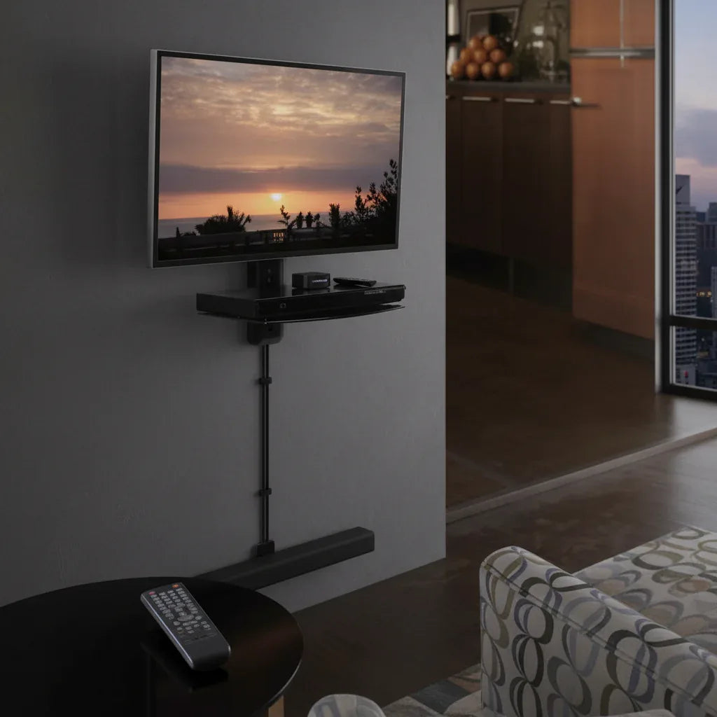 OmniMount OWS22 AV wall shelf in modern home media room with cable management lifestyle image