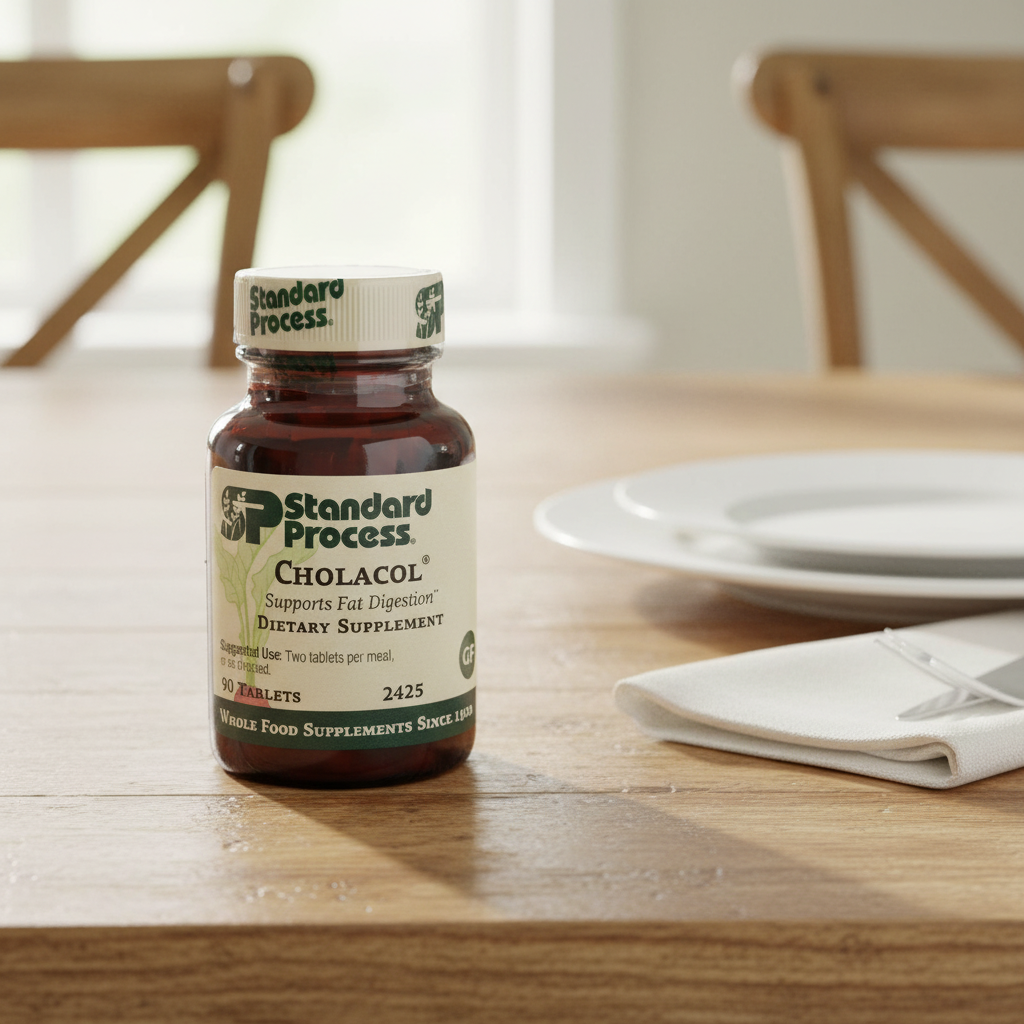 Standard Process Cholacol on rustic light wood dining table with napkin and dinner plate for daily regimen