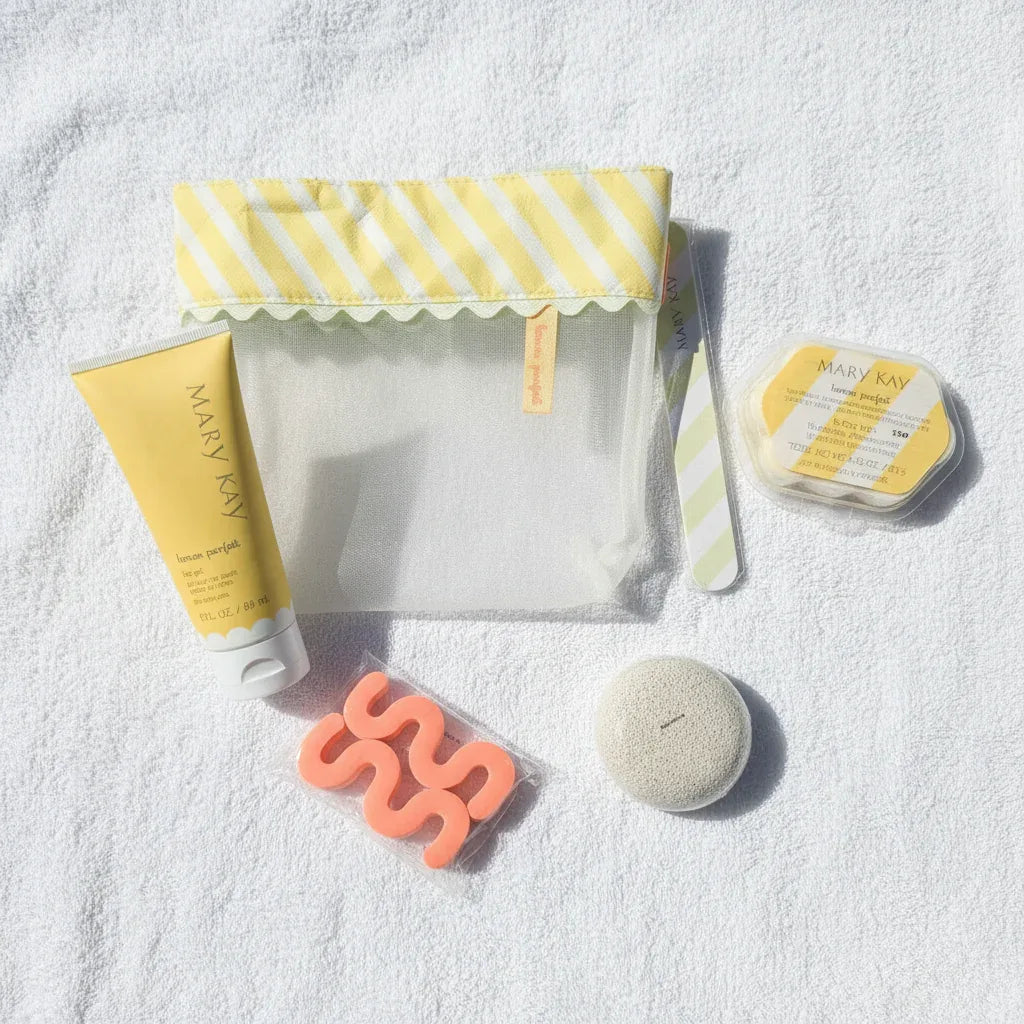 Mary Kay Lemon Parfait pedicure collection flat lay on spa linen towel lifestyle image