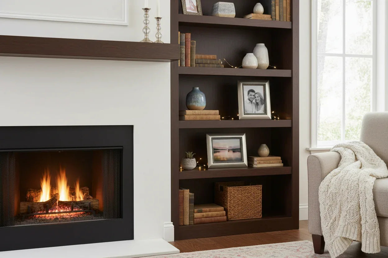 Living room bookshelf arrangement showing silver beaded tabletop frames in vertical portrait orientation