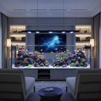 Large saltwater reef aquarium with black tubular heater, vibrant coral and marine fish, modern home setup