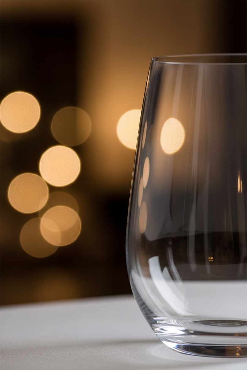 Close-up detail of Riedel The O stemless crystal wine tumbler rim and base showing fine glass quality and clarity