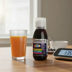 Sambucol Kids Black Elderberry Syrup 4oz bottle on wood-grain breakfast nook with fresh glass of orange juice and modern digital kitchen timer