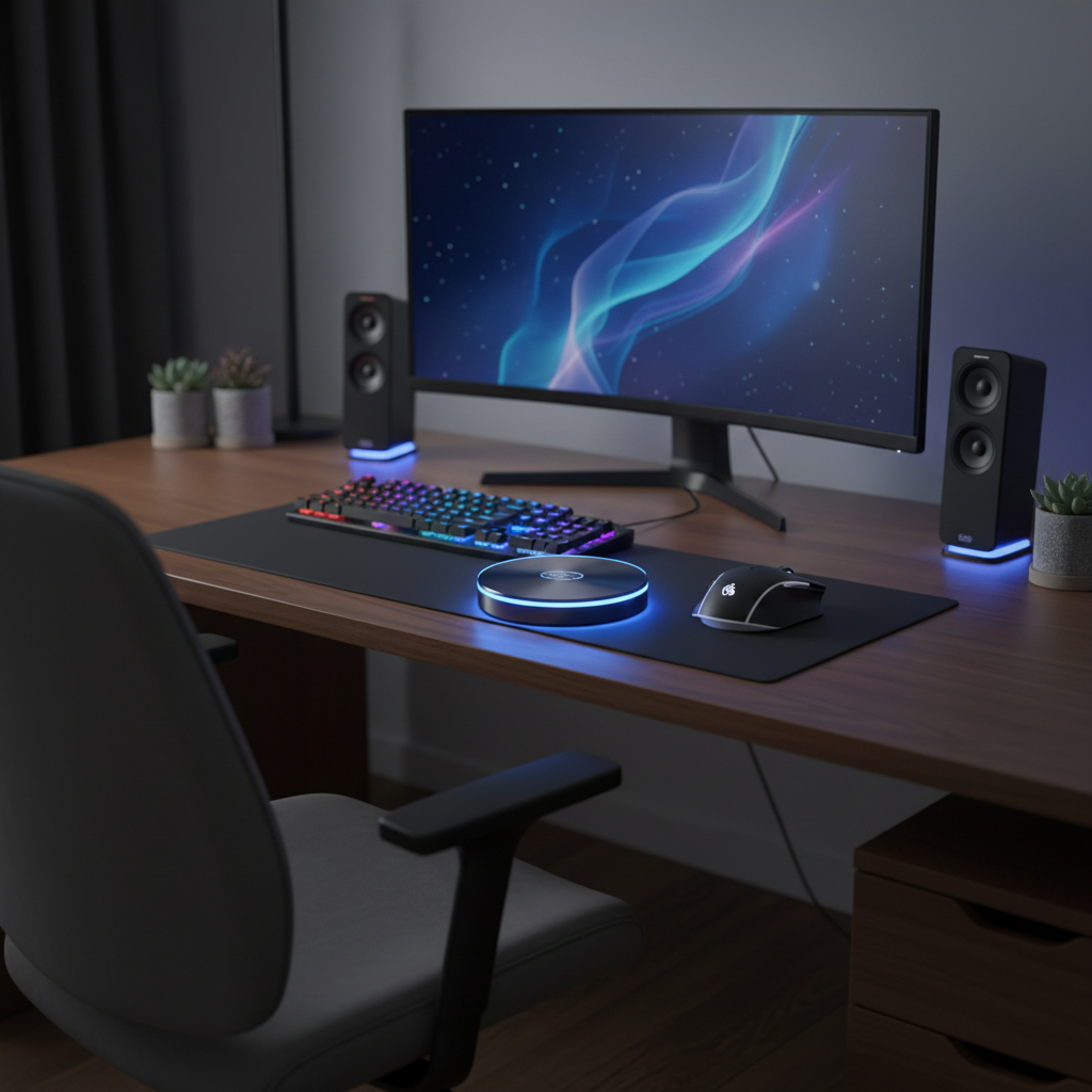 Mouse Jigger LZD-Q1 glowing blue LED light on modern desk setup