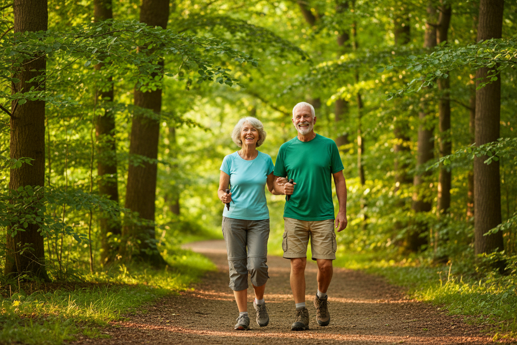 Active older couple walking on sunny nature trail - cardiovascular and cognitive health lifestyle