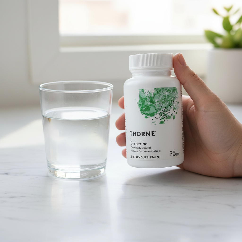Hand holding Thorne Berberine bottle with green watercolor design beside glass of water on marble countertop morning wellness routine