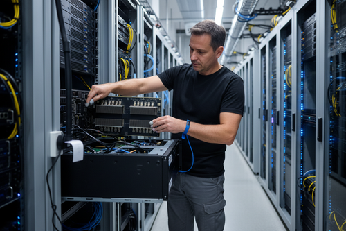 IT technician installing NVIDIA Tesla K40 GPU into rackmount server chassis in data center