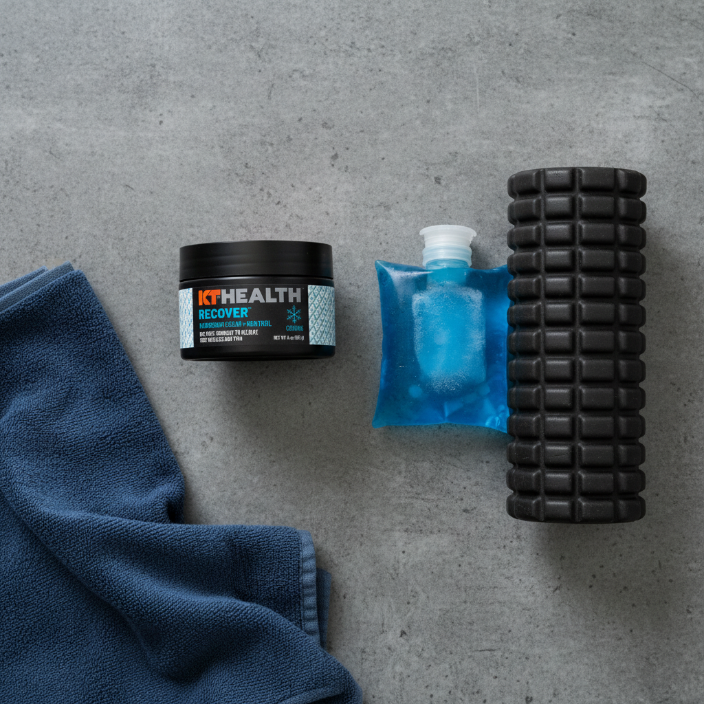 KT Health Recover Magnesium Cream flat lay on gym surface with foam roller and ice pack
