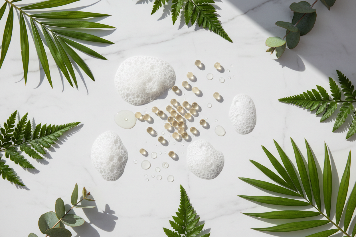 Panthenol vitamin B5 capsules surfactant bubbles polysorbate droplets and botanical leaves flat lay curl shampoo ingredients lifestyle photo