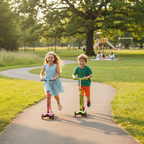Two kids racing on colorful folding scooters in a sunny park — Mongoose Force 1.0 active outdoor play — More4less Outlet