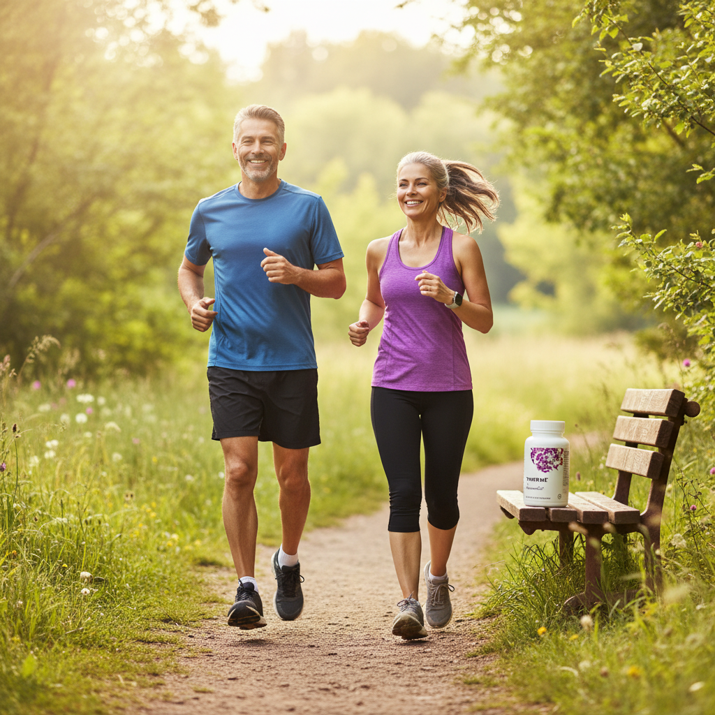 Healthy active couple in their 50s jogging on sunny morning trail with Thorne ResveraCel bottle visible on nearby bench