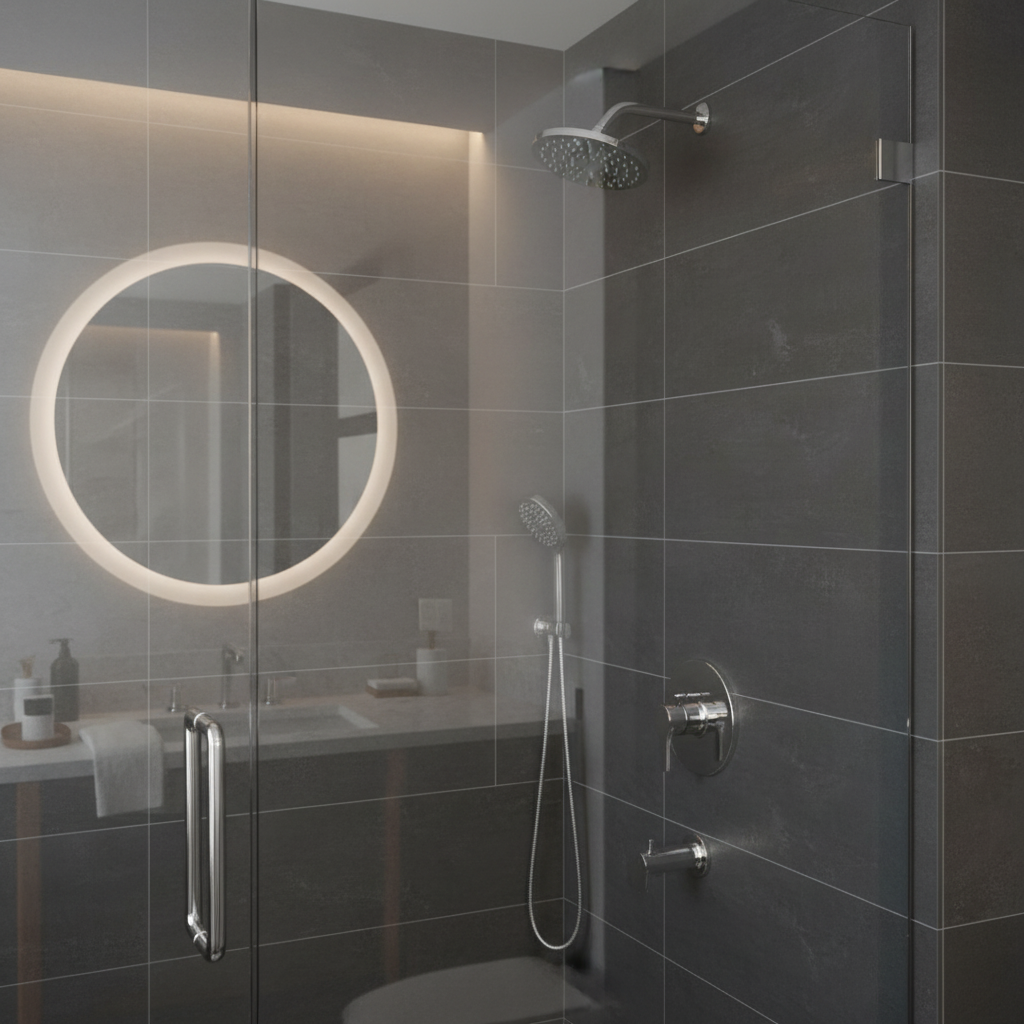 American Standard Studio S chrome shower valve trim in a luxury spa bathroom with dark grey tile and frameless glass enclosure.