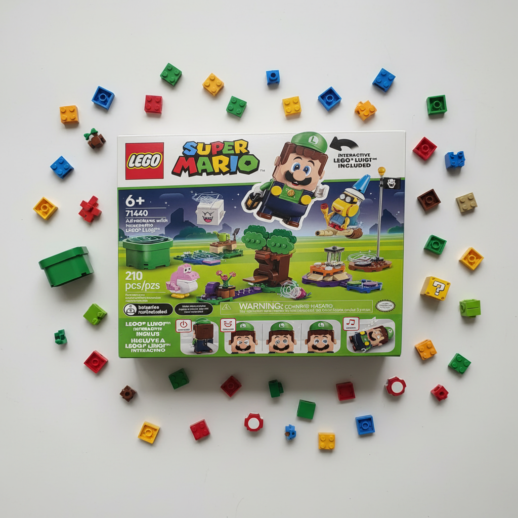LEGO Super Mario Adventures with Interactive LEGO Luigi set 71440 factory-sealed retail box flat-lay on white surface alongside scattered colorful LEGO bricks and Super Mario themed accessories