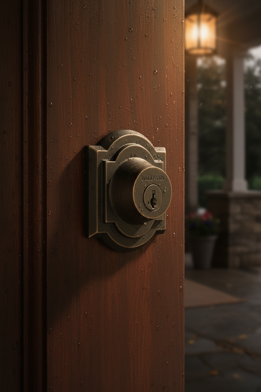 Baldwin Prestige Arch Deadbolt Venetian Bronze mounted on rich mahogany wood entry door with warm porch evening light