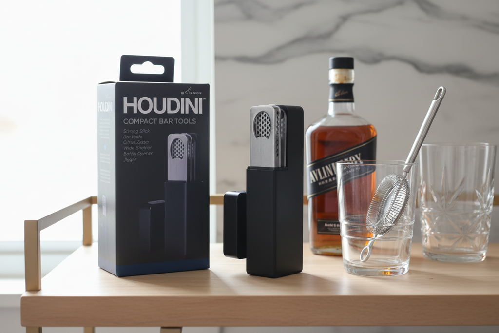 Houdini Compact Bar Tool Set caddy on home bar cart with whiskey bottle and mixing glass - More4less Outlet