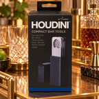 Houdini compact bar tools retail box in bar cart setting; AI-generated lifestyle scene