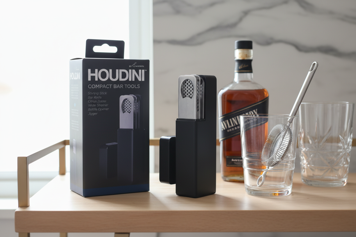 Houdini Compact Bar Tool Set caddy on home bar cart with whiskey bottle and mixing glass - More4less Outlet
