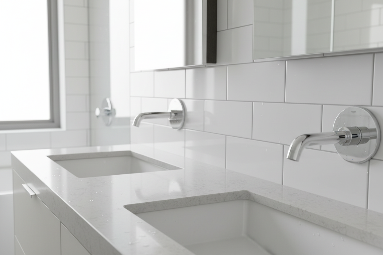 Grohe Lineare New StarLight chrome wall-mount faucet trim on white subway tile in contemporary master bathroom double vanity with morning light