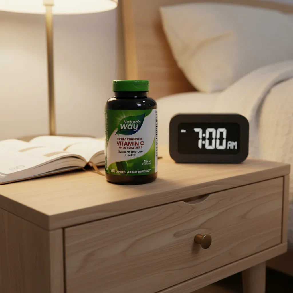 Nature's Way Vitamin C 1000mg bottle on minimalist bedroom nightstand with open premium wellness journal and dark matte alarm clock