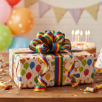 Colorful gift-wrapped toy box with bold ribbon and bow on a table for a birthday celebration — More4less Outlet