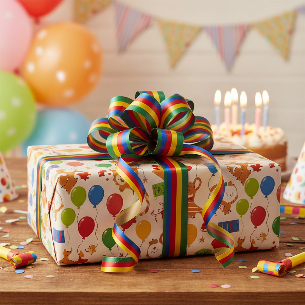 Colorful gift-wrapped toy box with bold ribbon and bow on a table for a birthday celebration — More4less Outlet