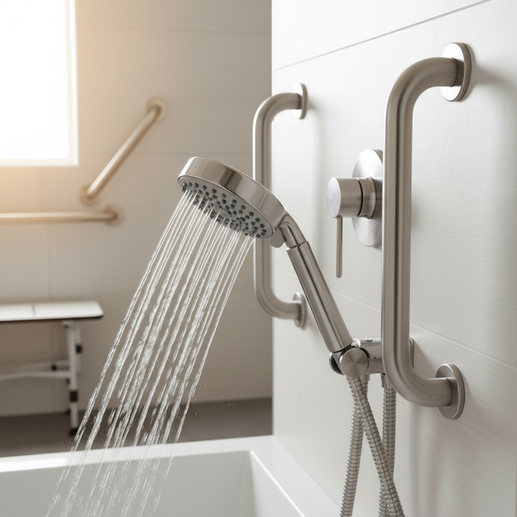Handheld shower head with flexible metal hose on modern bathroom wall mount 180 degree pivot head directing water flow accessibility bathroom setup