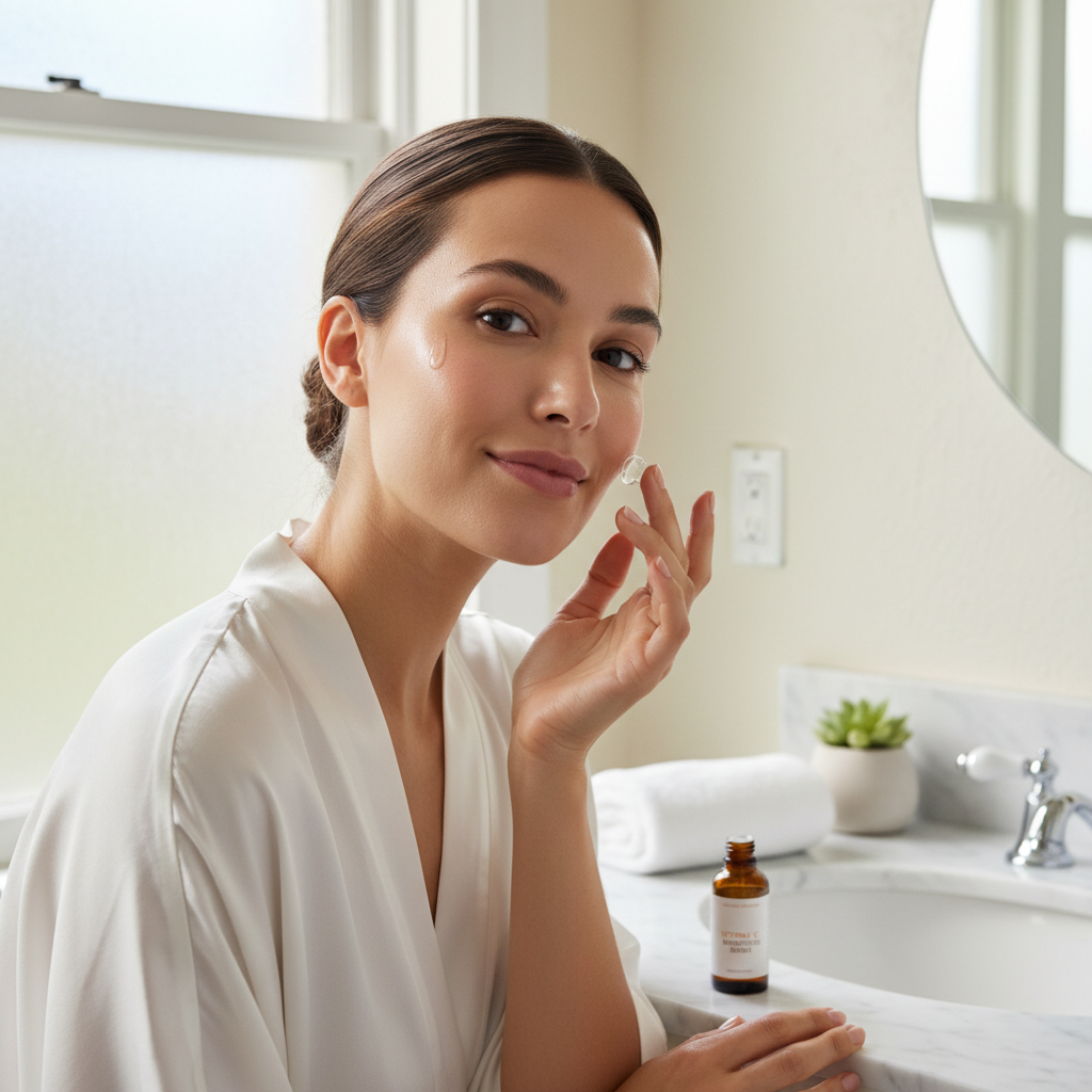 Woman radiant glowing skin applying serum fingertips cheek soft natural morning light vitamin C brightening skincare lifestyle fresh luminous complexion - More4less Outlet