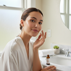 Woman radiant glowing skin applying serum fingertips cheek soft natural morning light vitamin C brightening skincare lifestyle fresh luminous complexion - More4less Outlet