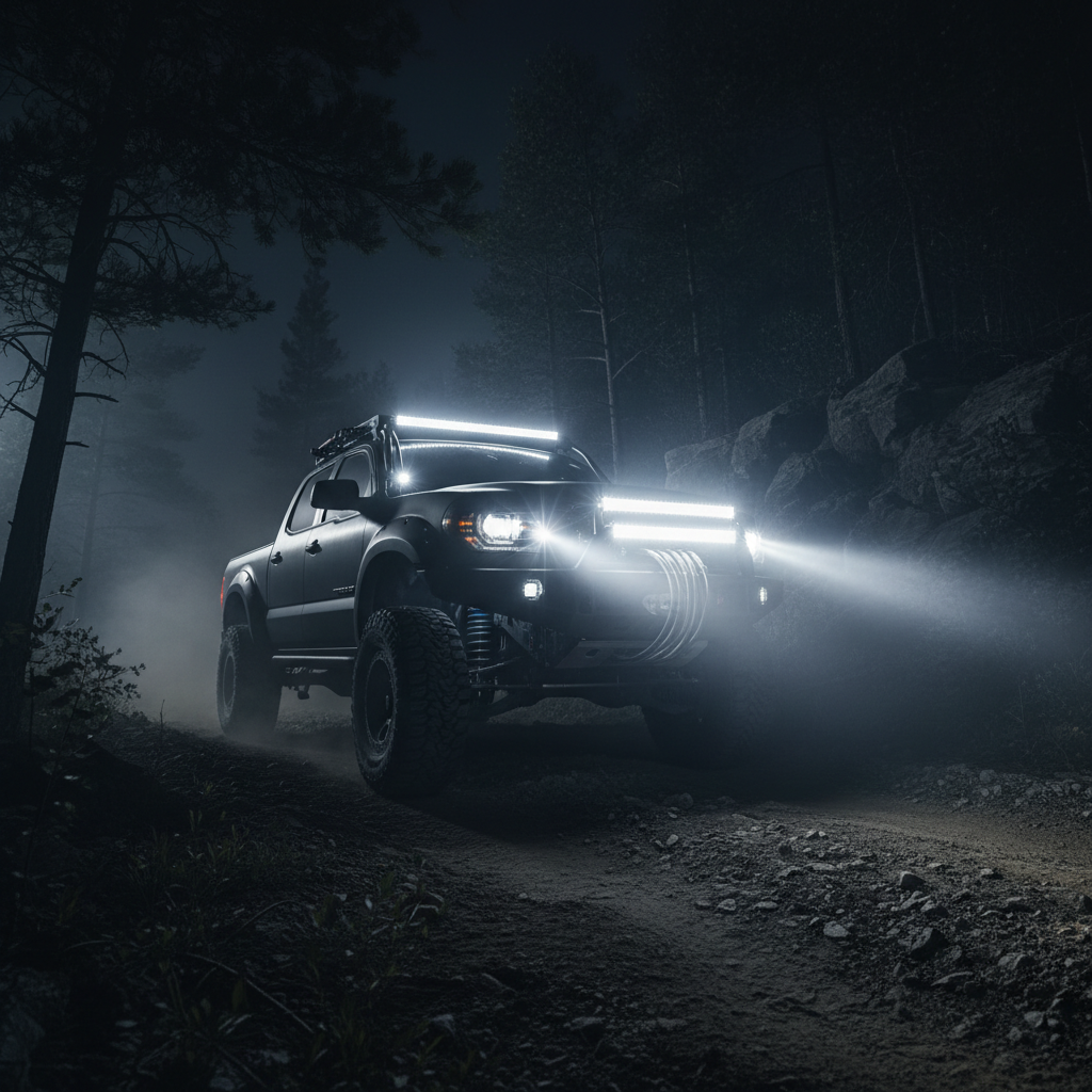 Lifted black truck off-road trail night bright LED auxiliary lights blazing powered by wiring harness dramatic cinematic off-road automotive - More4less Outlet