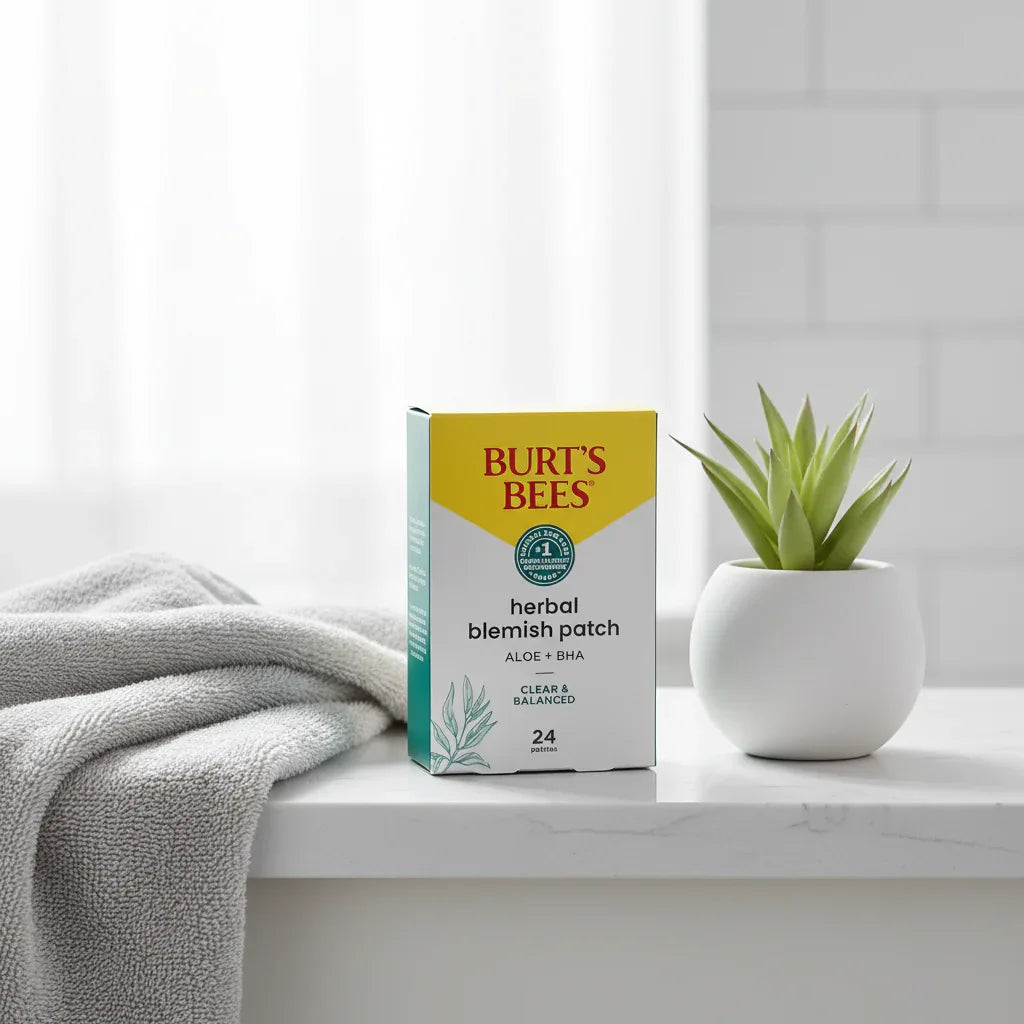 Burt's Bees Herbal Blemish Patch box on white quartz bathroom vanity with cotton face towel and potted succulent