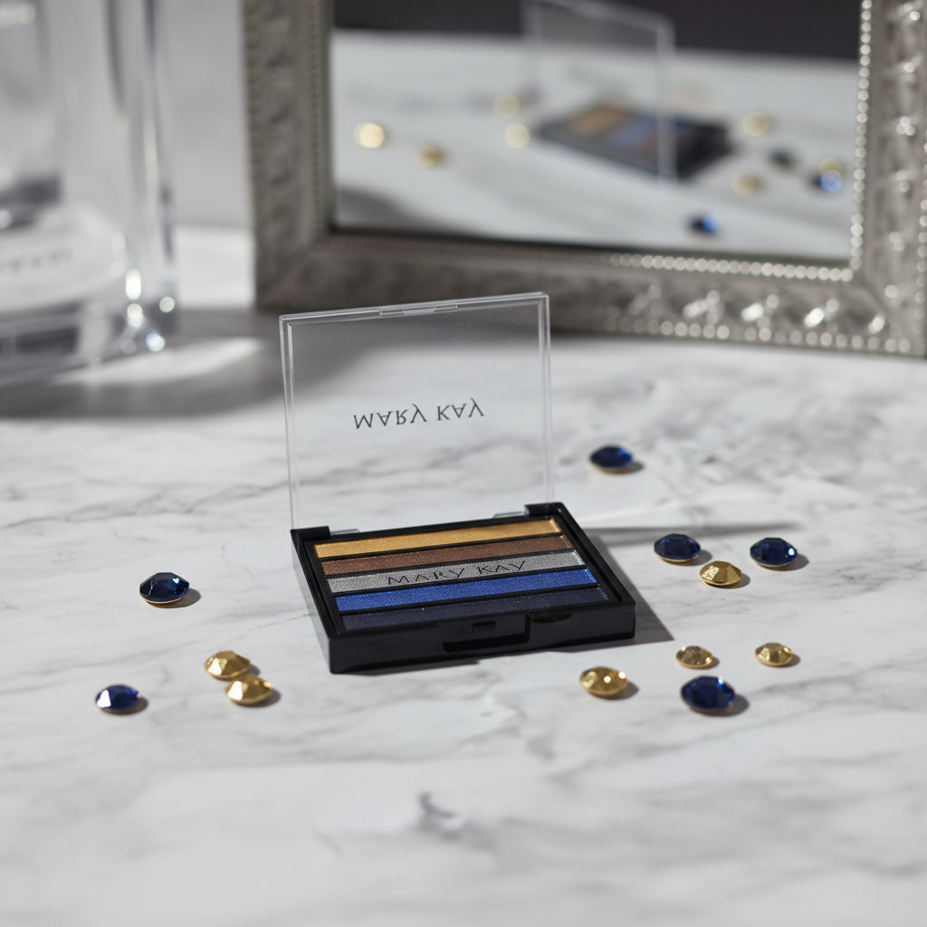 Mary Kay Eye Color Palette Rock the Runway open compact on a white marble vanity showing five metallic eyeshadow strips — gold, bronze, silver, cobalt blue, midnight navy — with dramatic studio lighting, blurred mirror, and scattered gold and navy gemstones