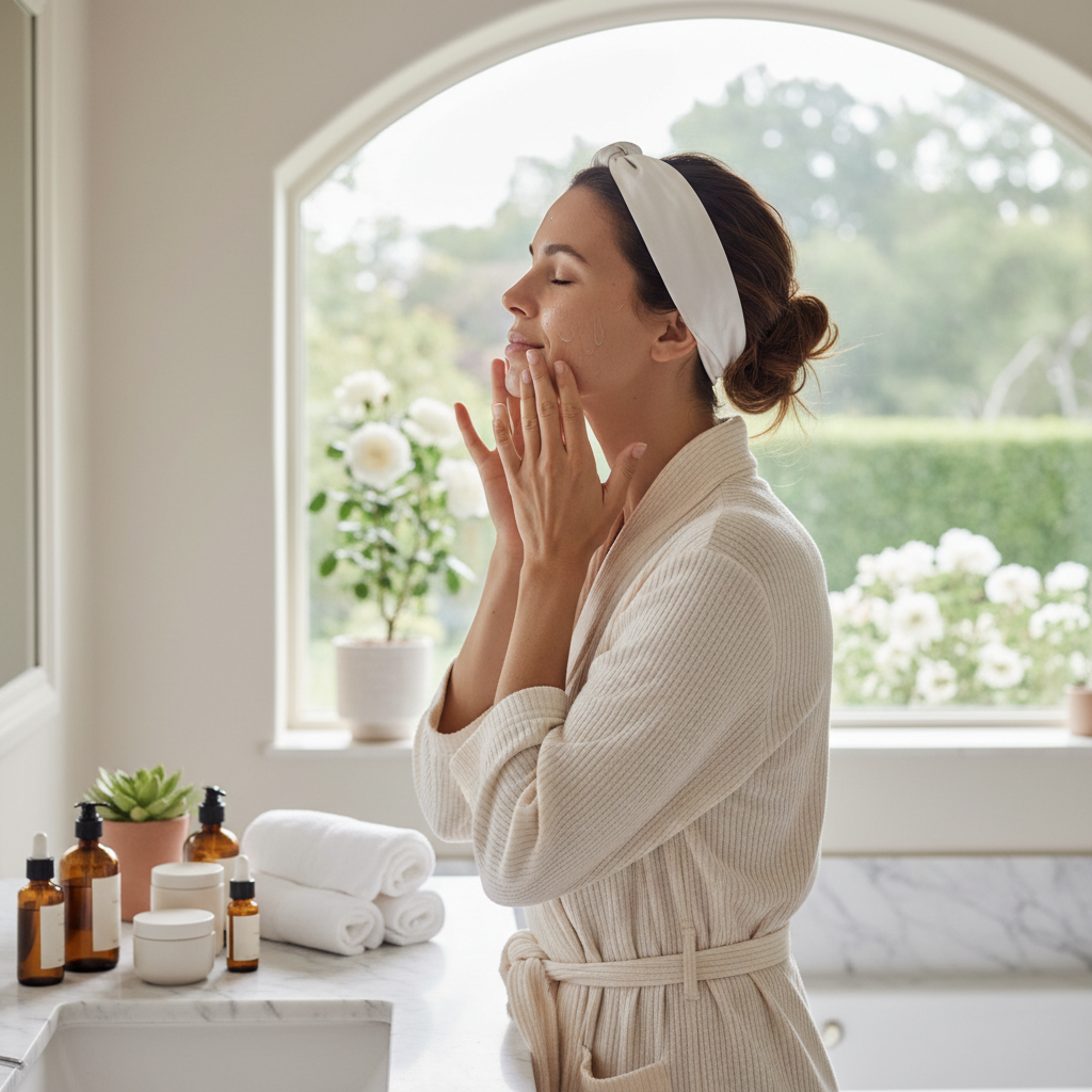 Woman patting serum into skin during morning skincare routine