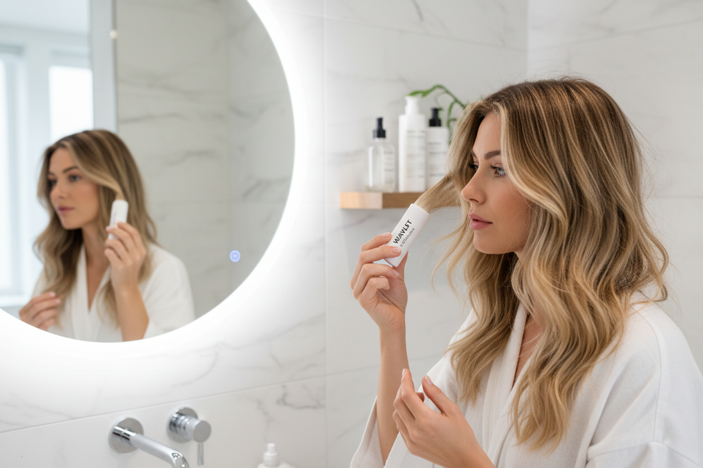 Woman styling her hair with a wax stick, achieving textured tousled waves in a bright bathroom mirror