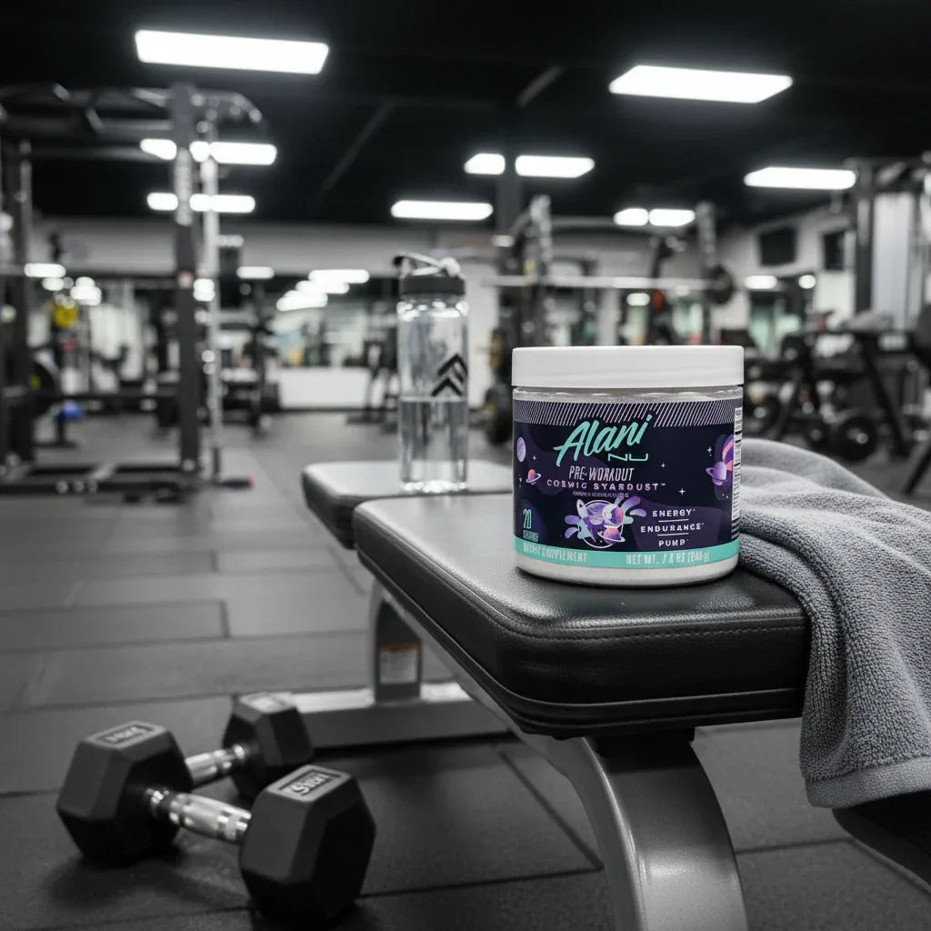 Alani Nu Cosmic Stardust Pre-Workout tub on training gym bench with dumbbells, towel, and water bottle.