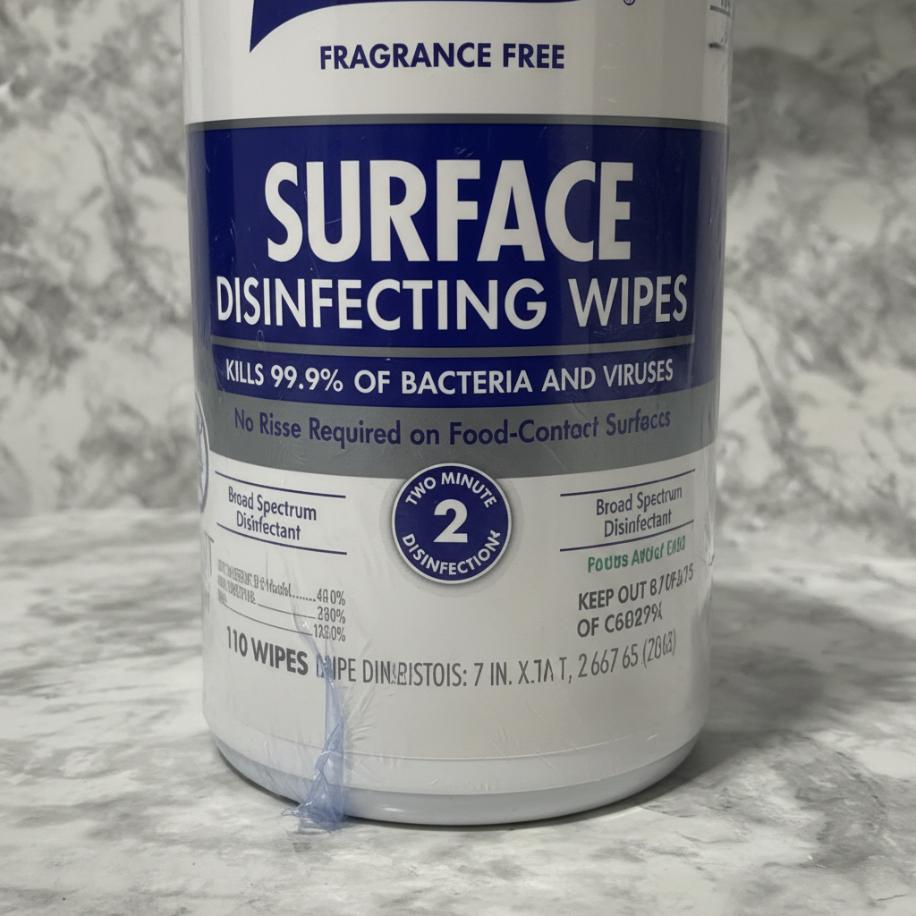 Macro close-up of Purell Healthcare Surface Disinfecting Wipes label highlighting Fragrance Free 110 Wipes and Two Minute Disinfection badge